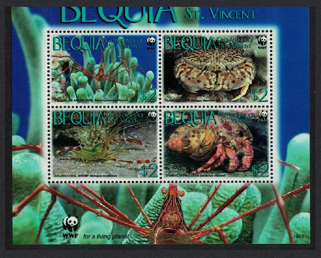 Bequia WWF Caribbean Reef Crustaceans Block of 4 WWF Logo 2010 MNH MI#647-650