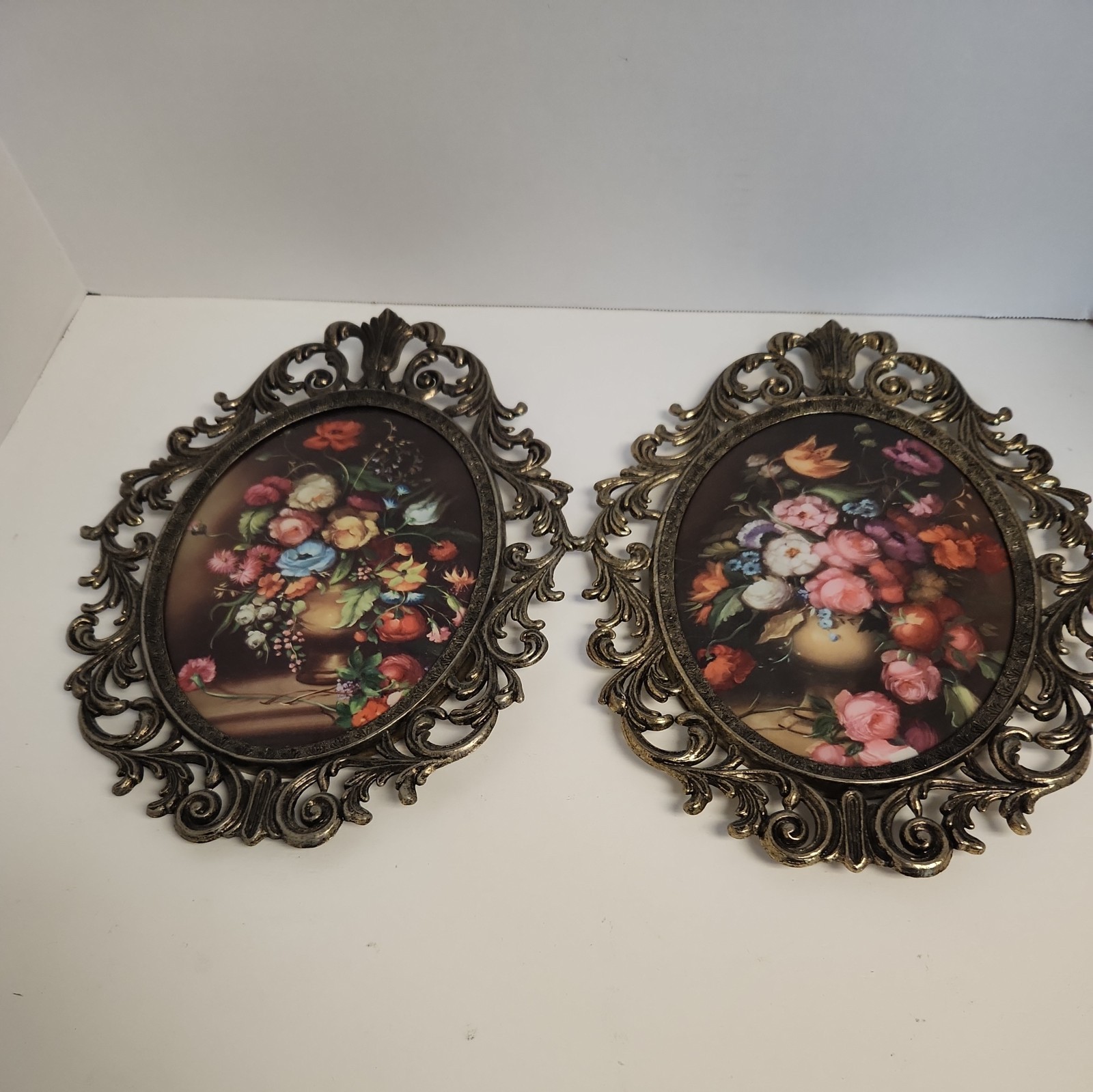  2 Metal Ornate Framed Floral Prints Convex Bubble Glass, Italy