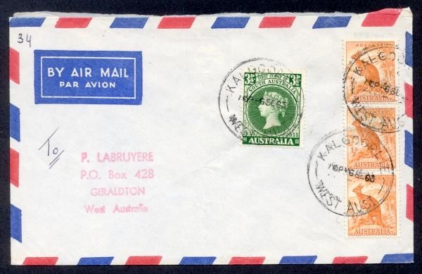 AUSTRALIA SG 228ab ½ ROO RETOUCH STRIP OF 3 AIR TO USA