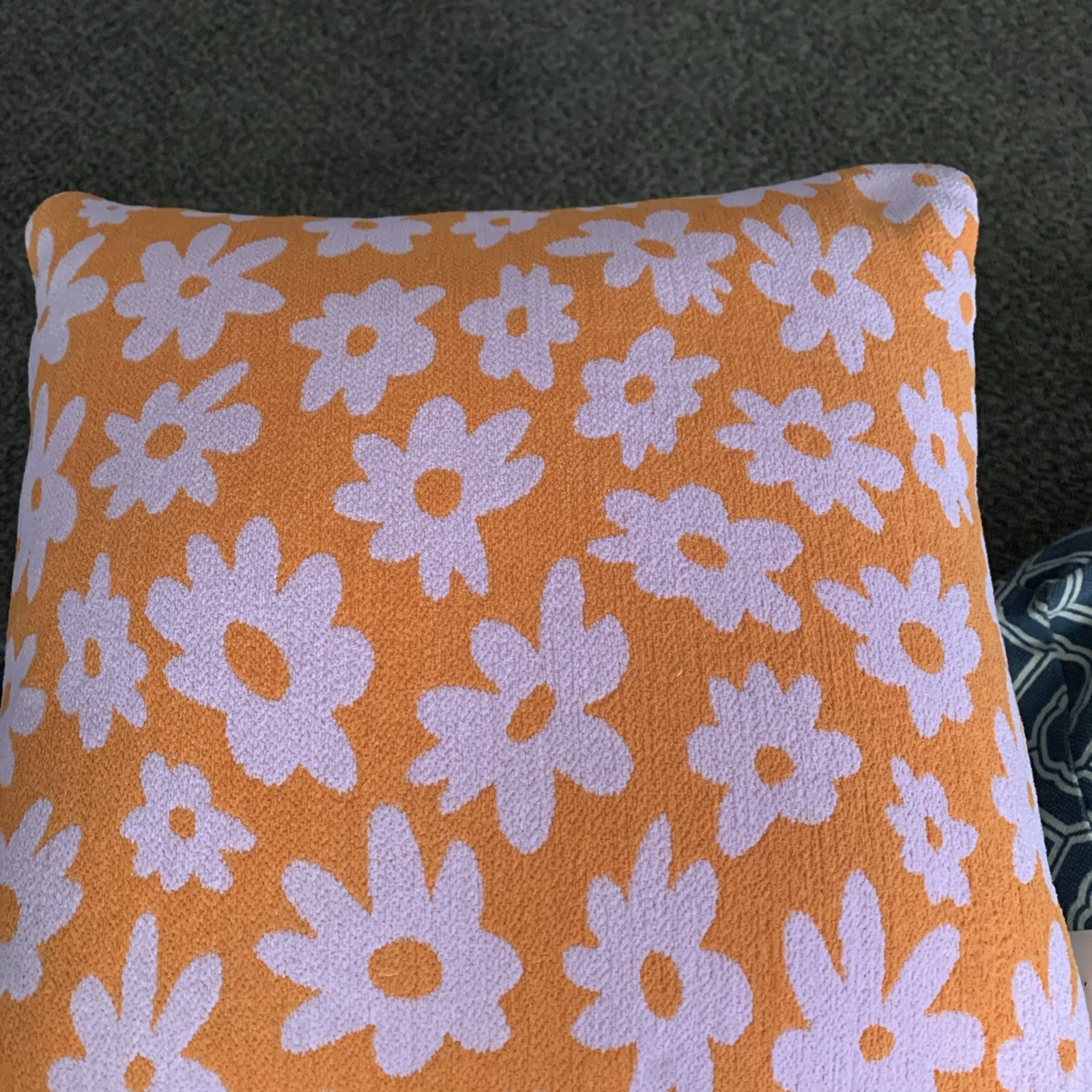 Truly Lou 18x18 Orange & light pink Daisy print square pillow NWT