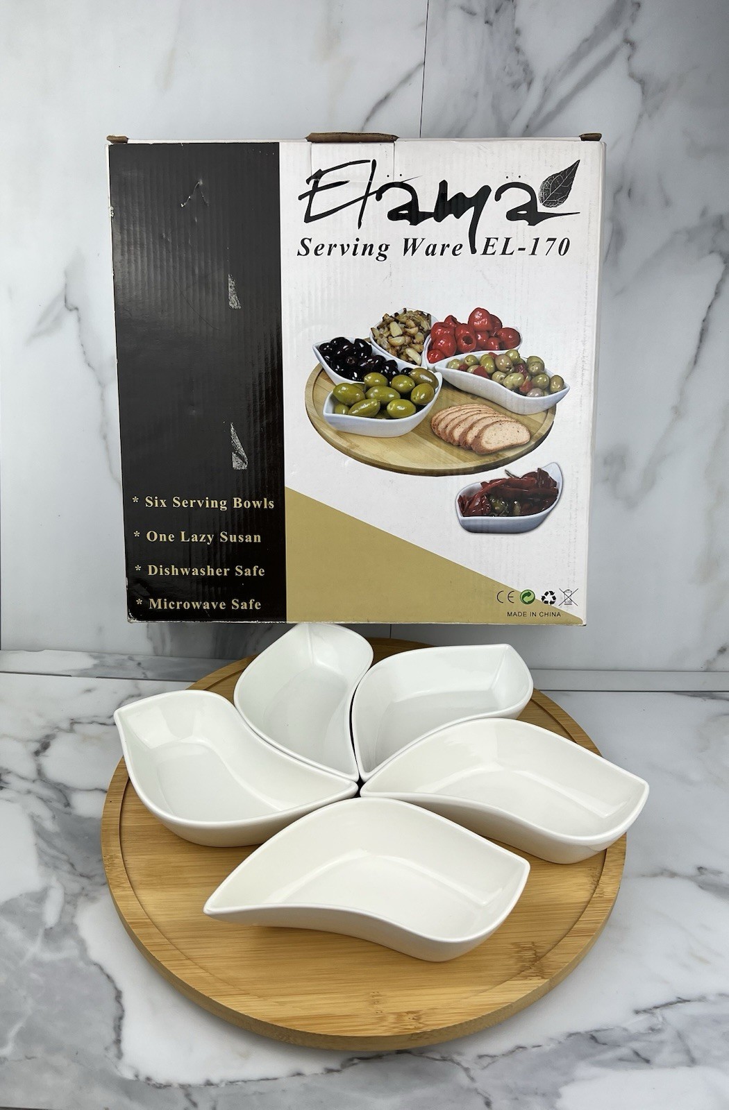 Elama Bamboo Lazy Susan Swirl Serving Ware Porcelain Dishes 6 Pc. Set NIB- READ