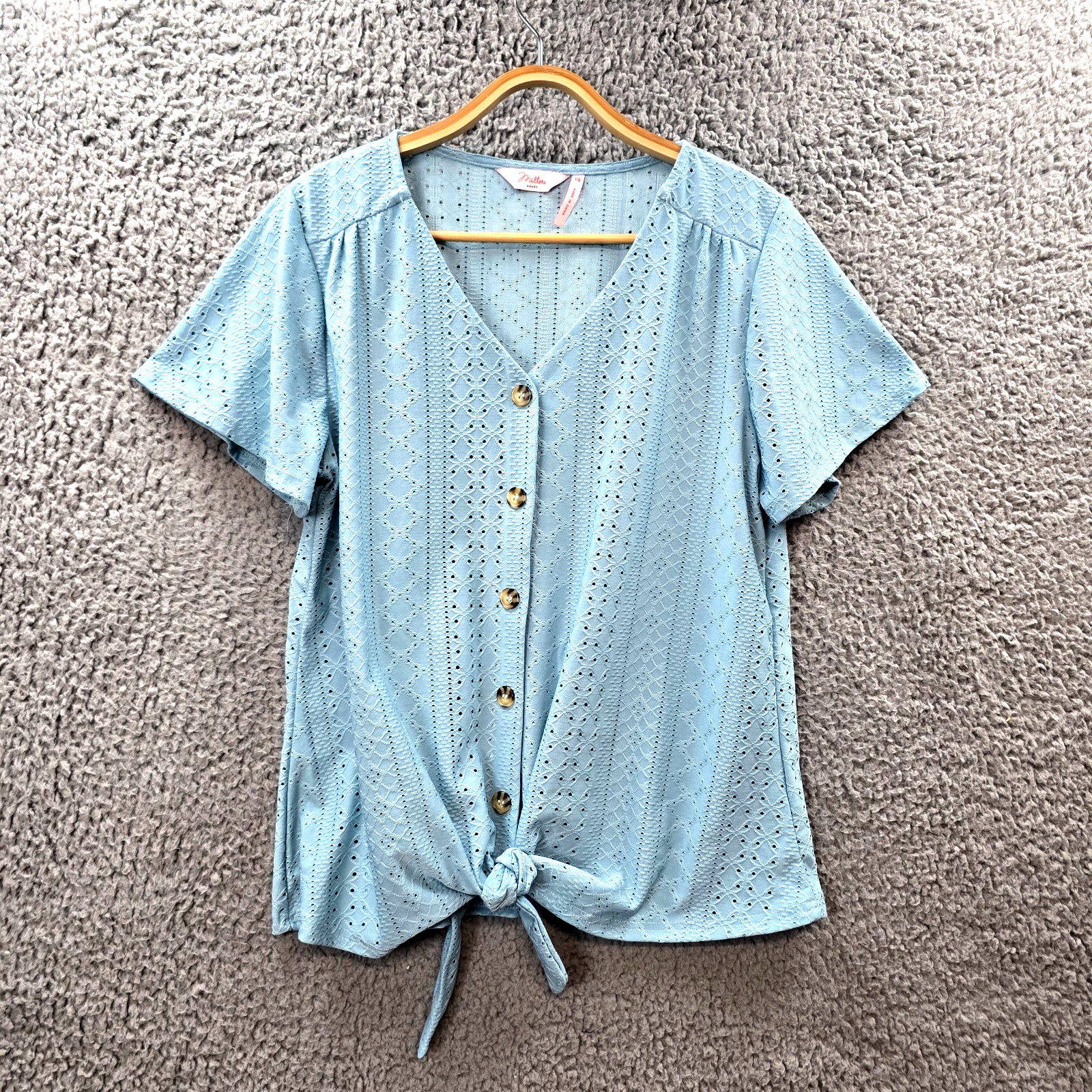 Millers Womens Blouse Top Size 14 Blue Textured Stretch Knit Short Sleeve Tie