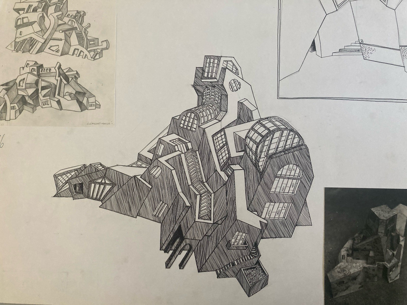 Very Beautiful Large Original Drawing Collage Architecture Ink On Paper Art 1980