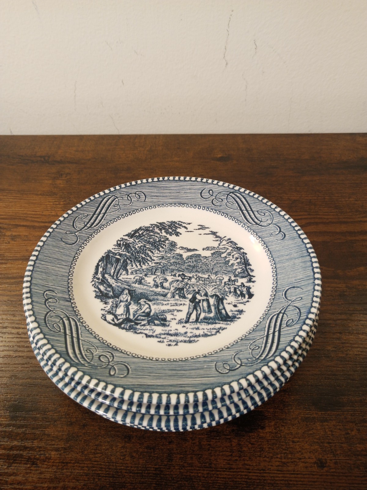 Currier & Ives Vintage Bread Plates  6 3/8" Diameter Set Of Six Blue White USA