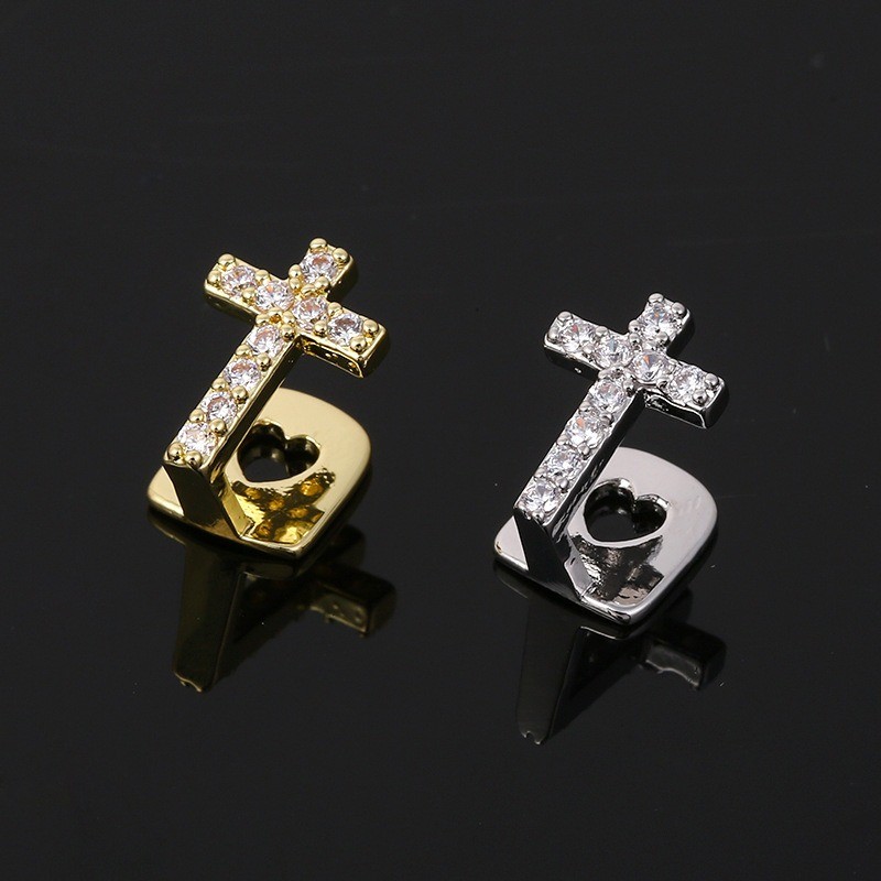 Small Cross Iced Out Teeth Grillz Hip Hop Top & Bottom Grills Dental Teeth Caps