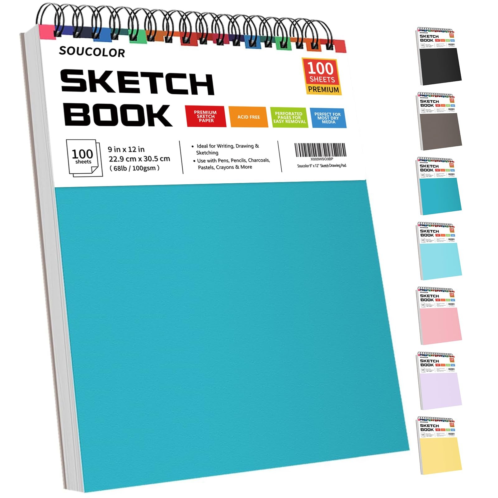 Sketch Book Spiral Bound 9 x 12 100 Sheets Acid Free 68lb Soucolor School High