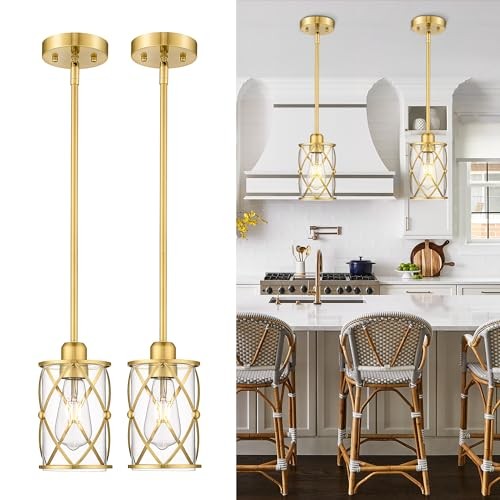 Brushed Gold Pendant Lights Kitchen Island, 2 1-Light, 2 PACK Gold, Clear Glass