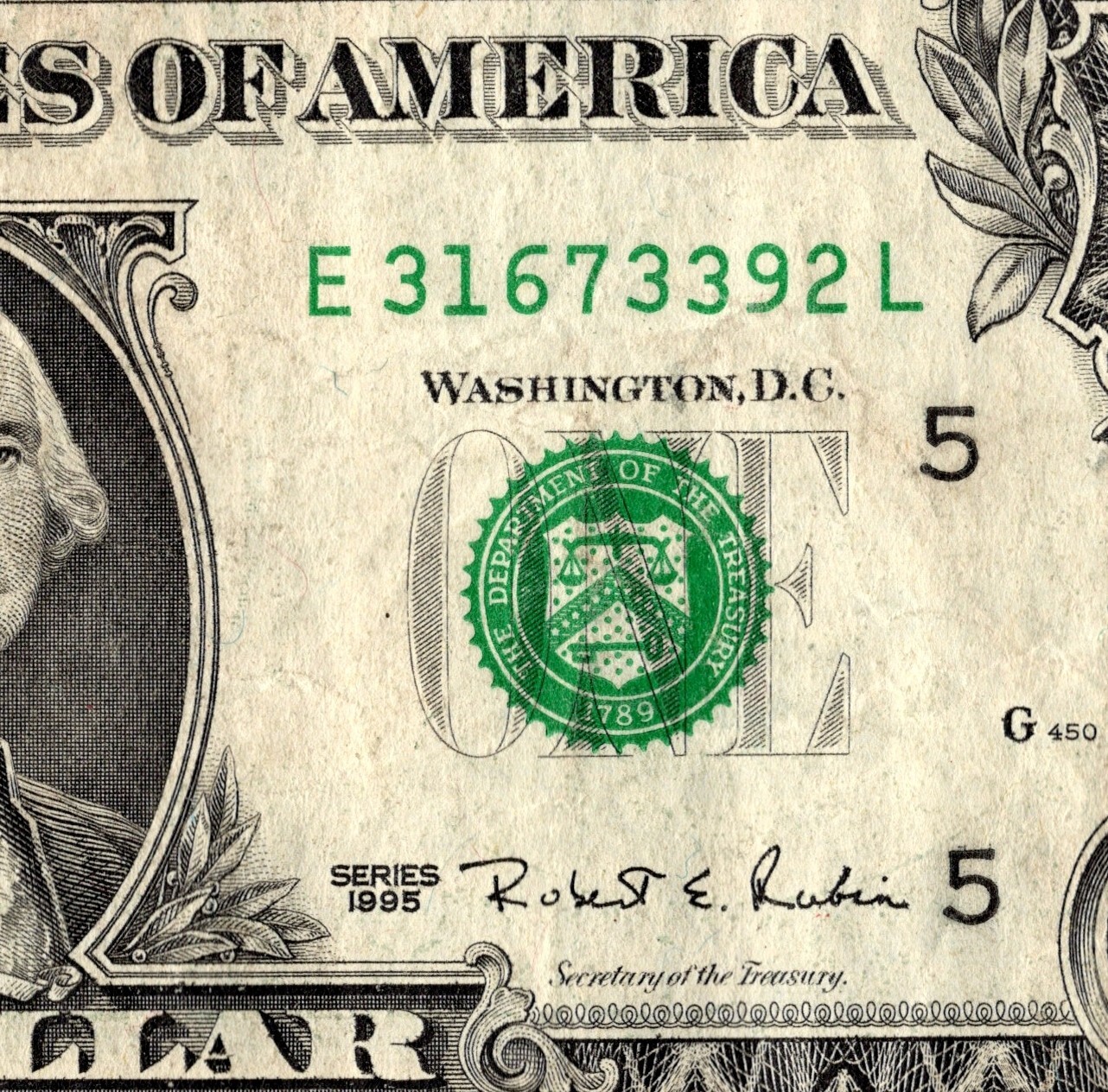 1995 Series Old Note Fancy Serial Number One Dollar Bill