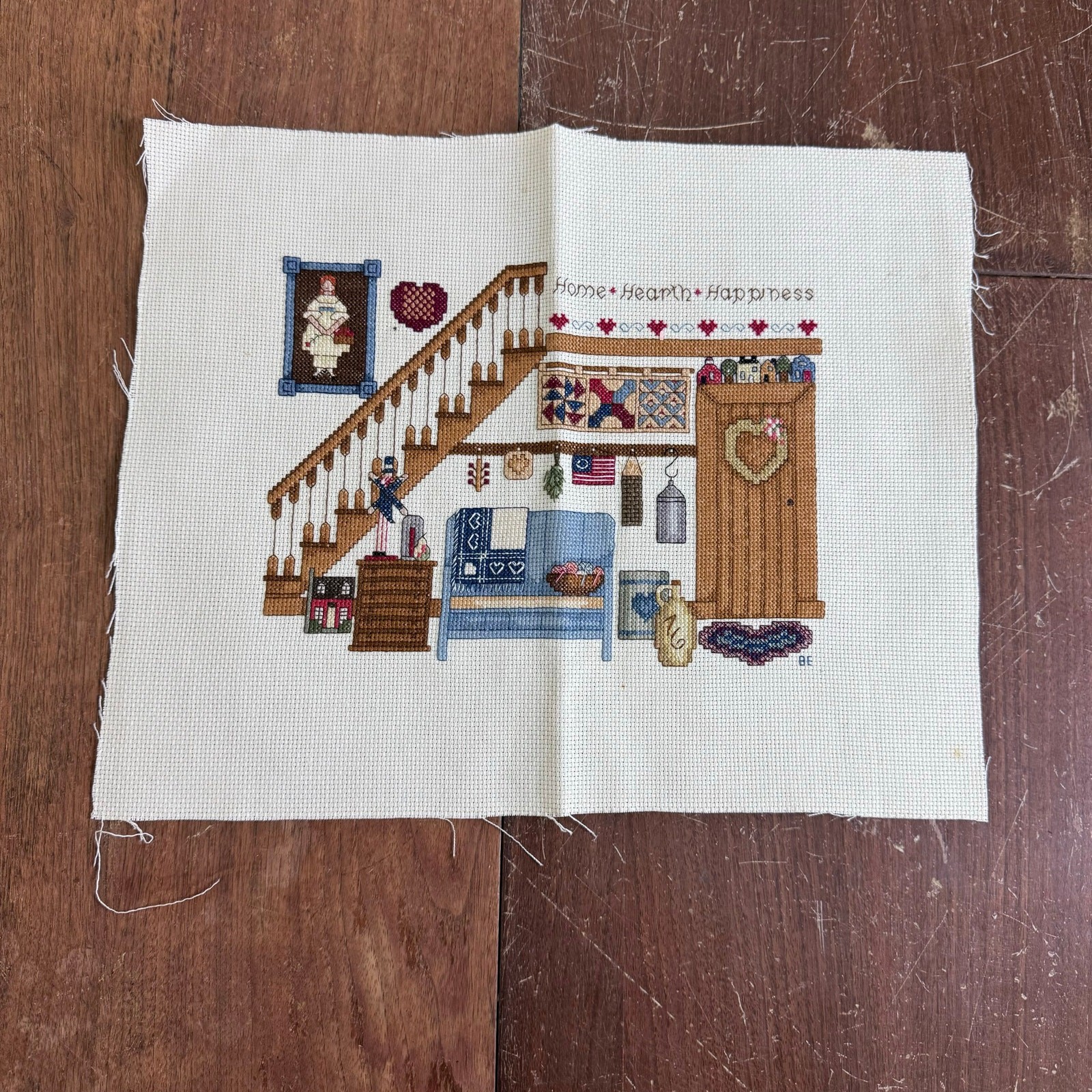Vintage HOME HEART HAPPINESS Living Room Scene COMPLETED Cross stitch