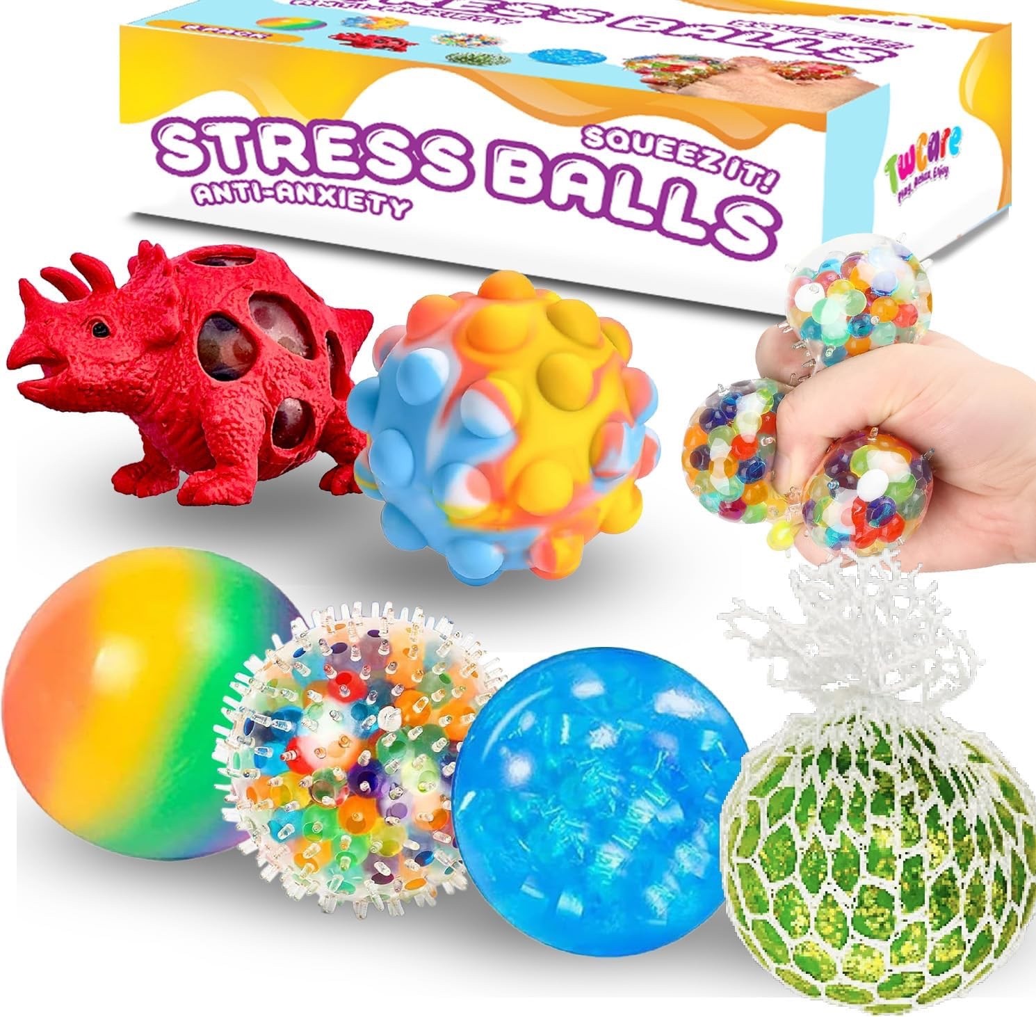 6 Pack Stress Balls, Vent Dinosaur Fidget Mesh Squishy Stress Relief Toys for Ad