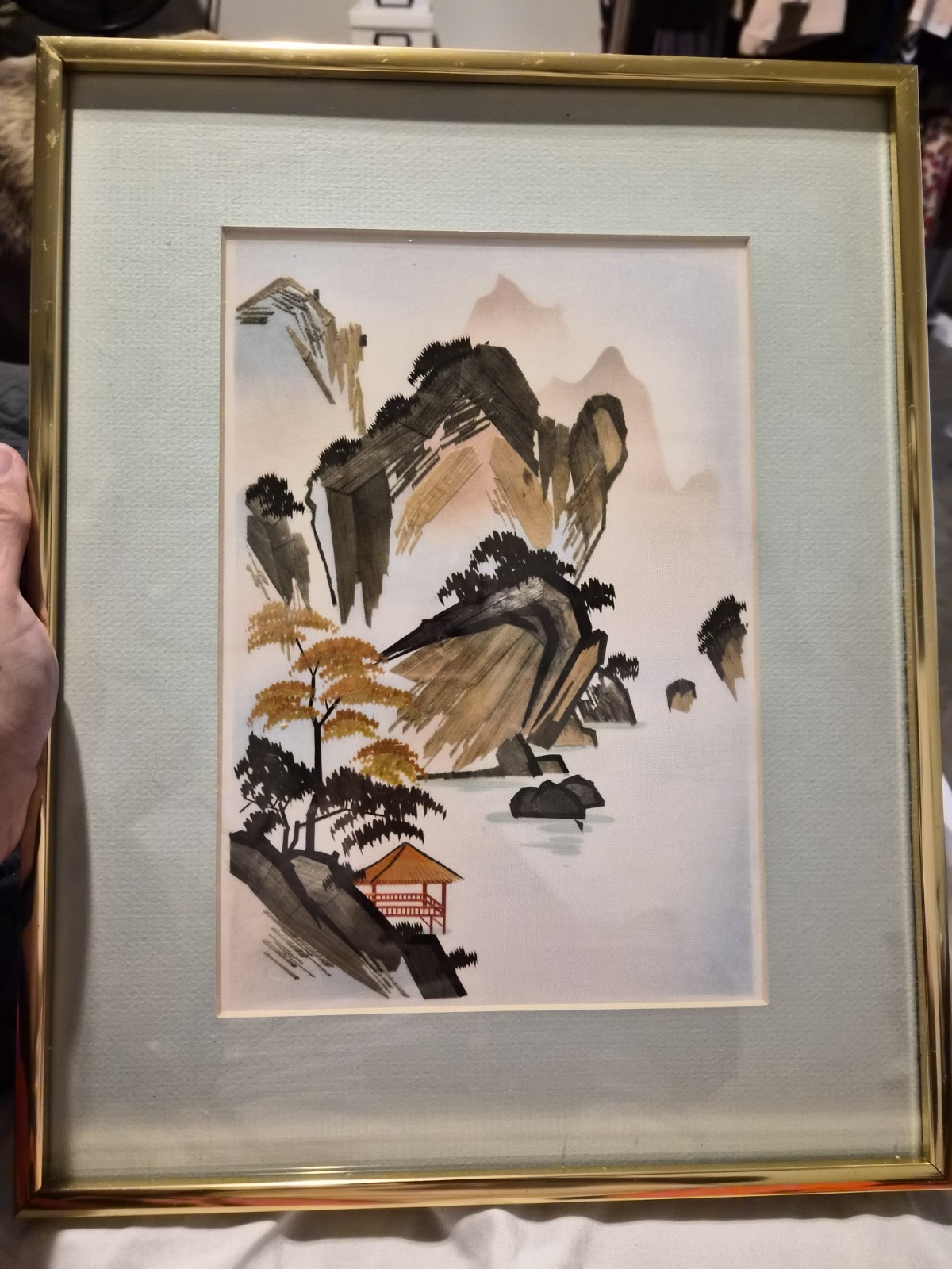 Asian Hand Cut And Dyed Wheat Stalk Art On Silk Mat And Frame