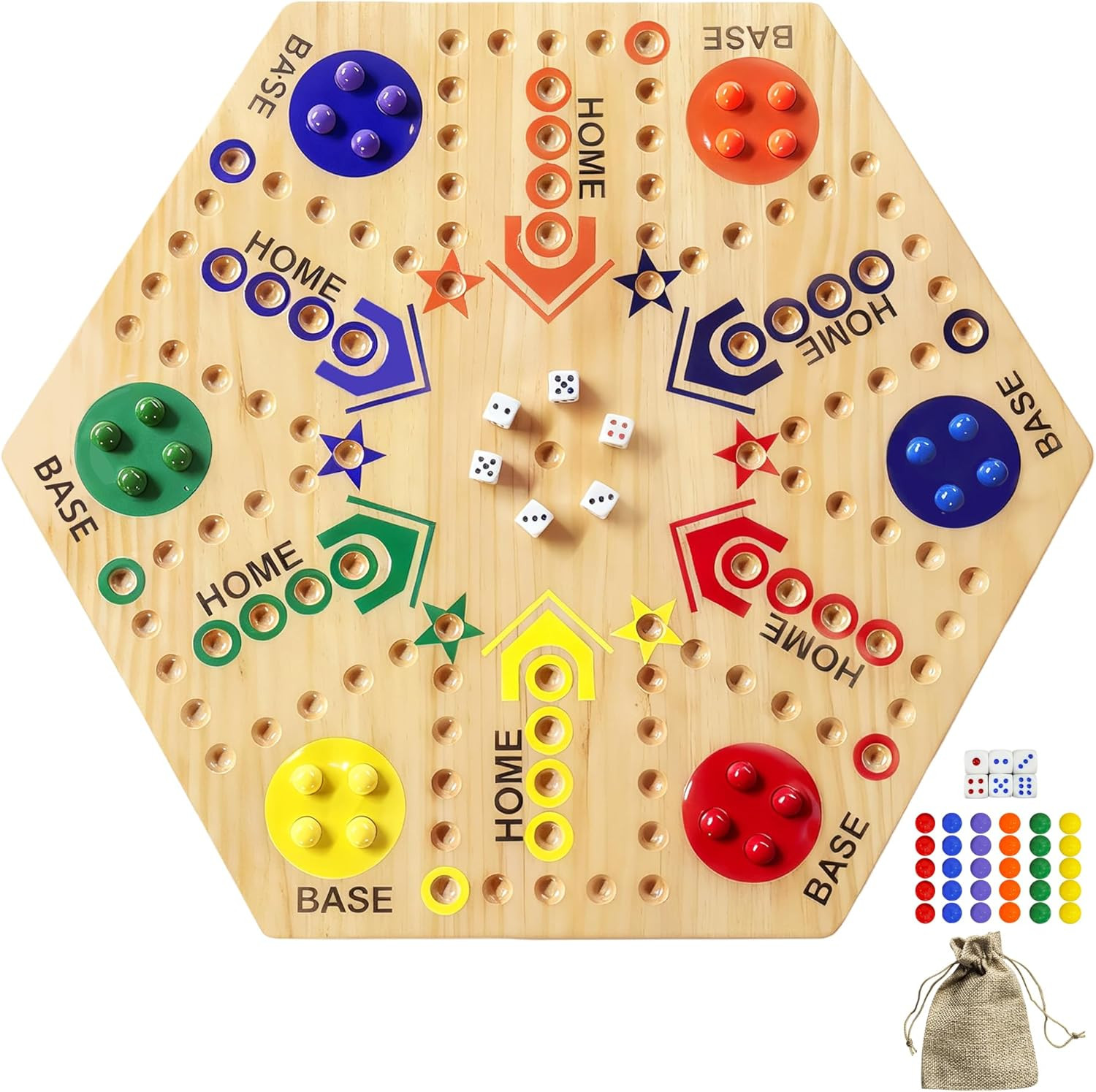 Wooden Board Game, Original Marble Game Double Sided Painted 2 to 6 Player Fast 