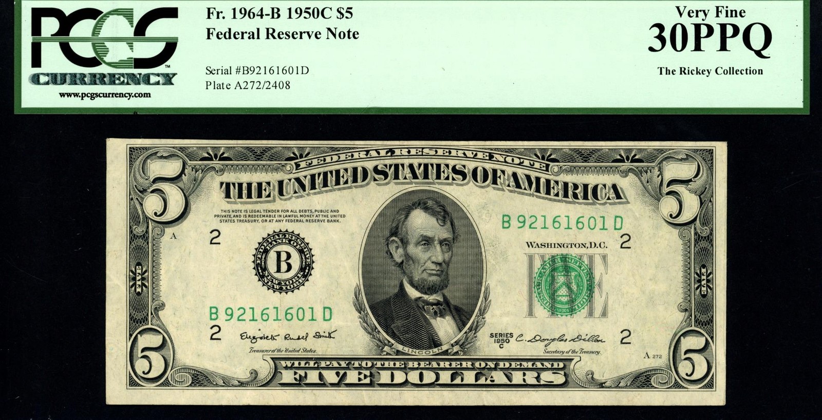 1950C $5 Federal Reserve Note FRN - New York - PCGS VF 30 PPQ - Fr. 1964-B