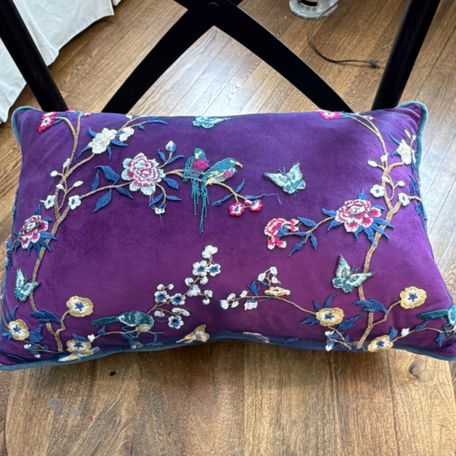 Embroidered Velvet Purple Decorative Pillow Floral Bird Design Rectangular