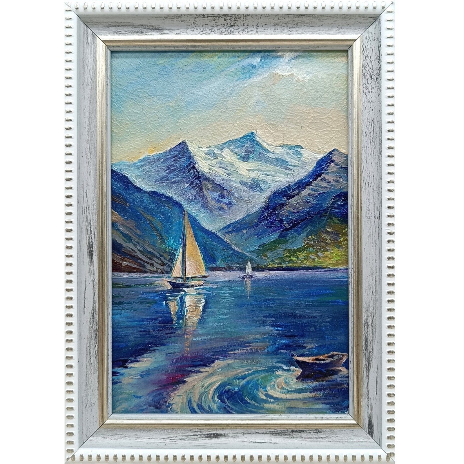 Seascape oil painting Original art Impressionism  painting Boat 6x4