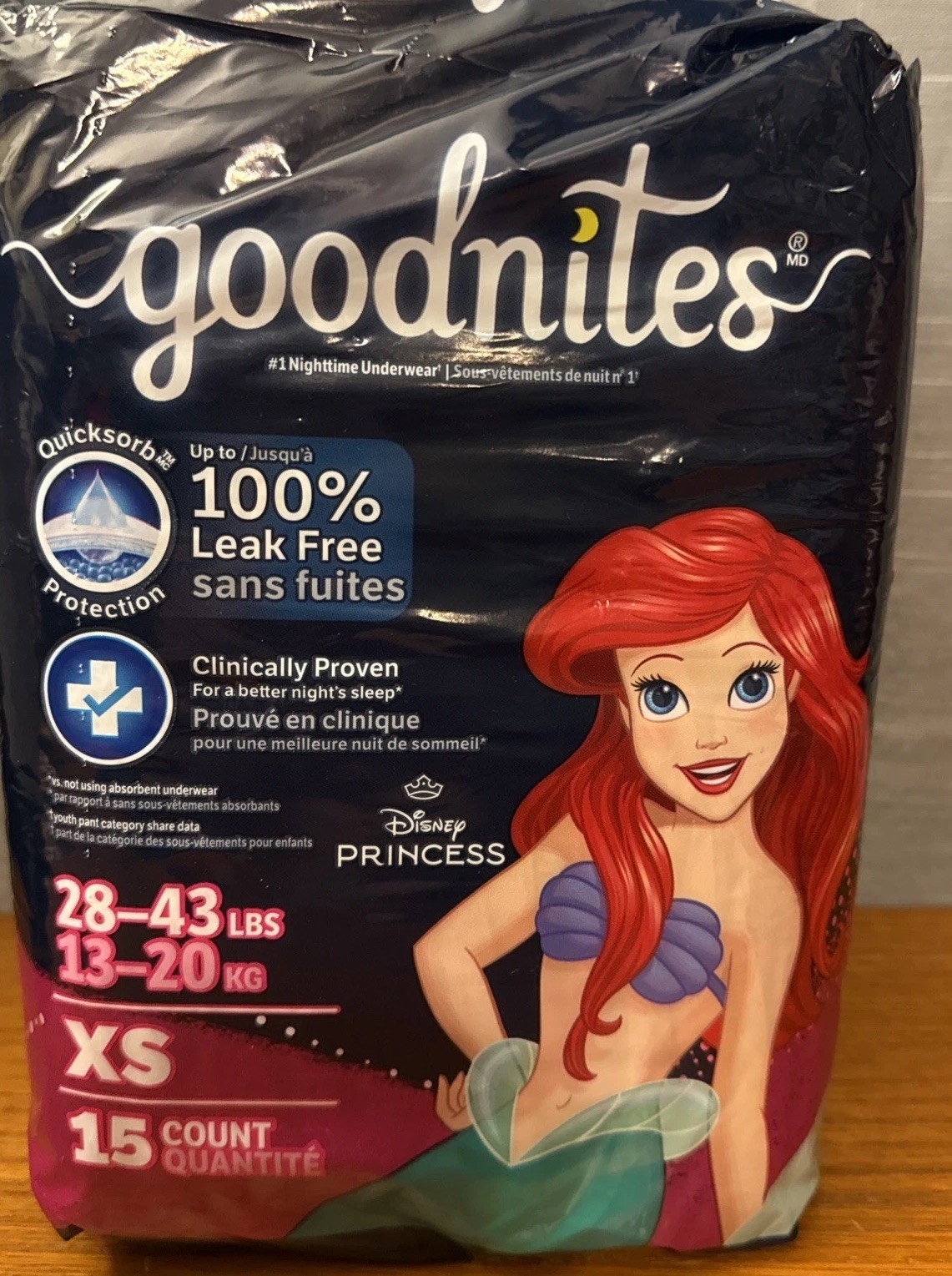 15 Count Goodnites Girl Night Time Underwear Size XS 3-5 Disney Little Mermaid