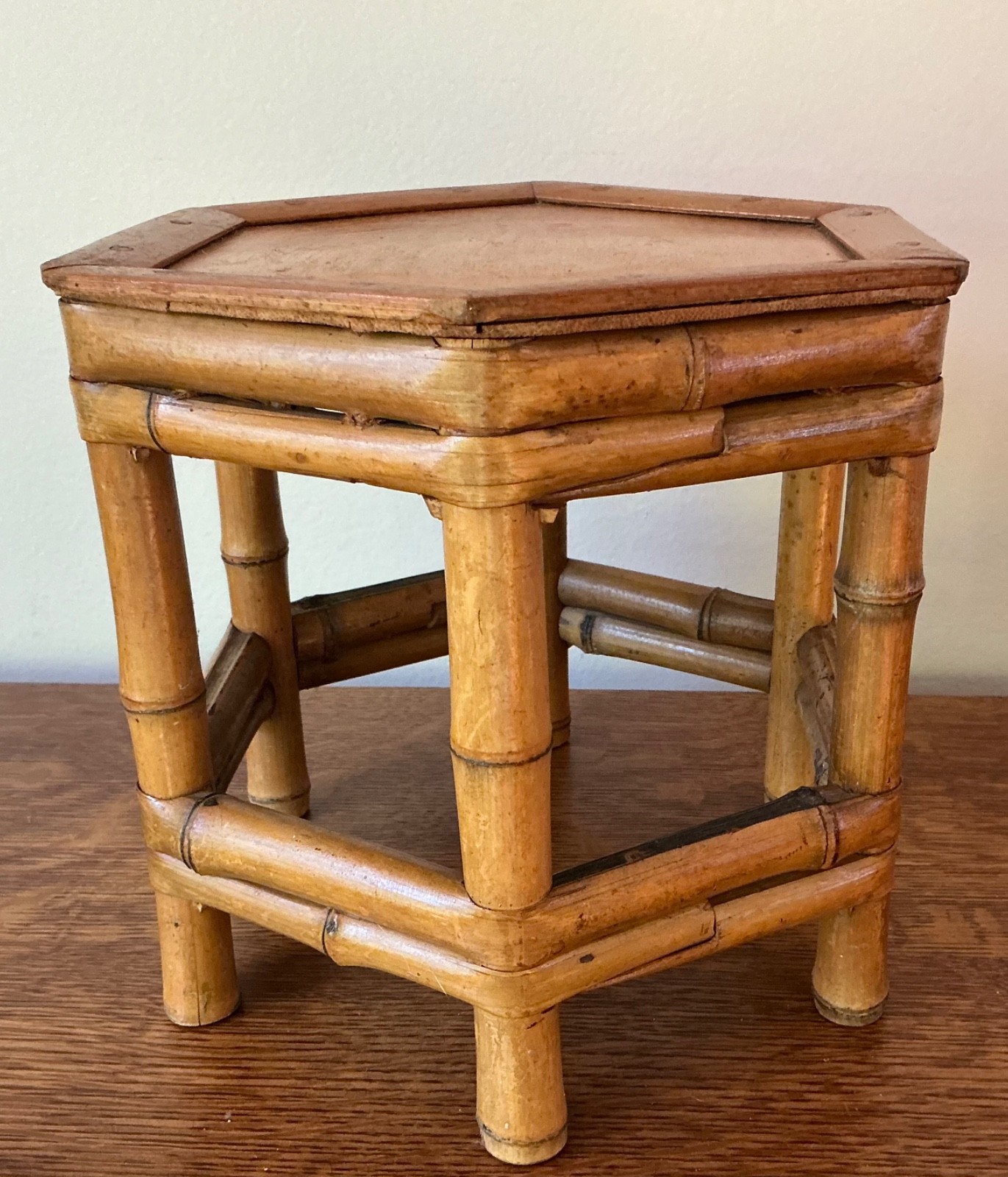 Vintage Tortoise Burnt Bamboo Plant Stand Stool Hexagon 9” tall
