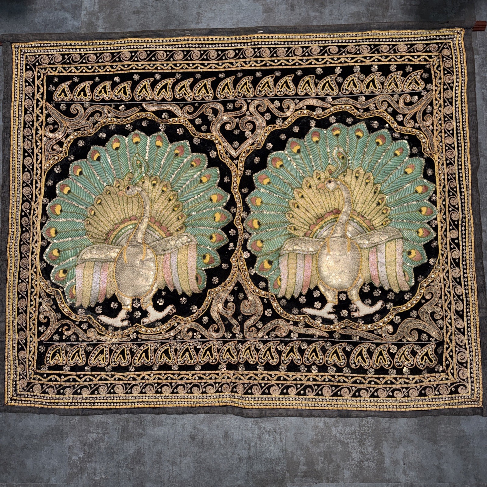 Vintage Burmese Thai Kalaga Tapestry Peacocks  41x33 Inches