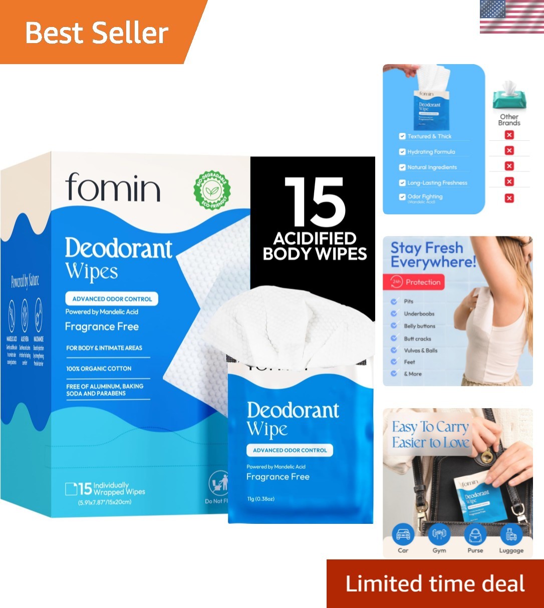 Acidified Travel Deodorant Wipes For Women & Men - 15 Count - Fragrance Free ...