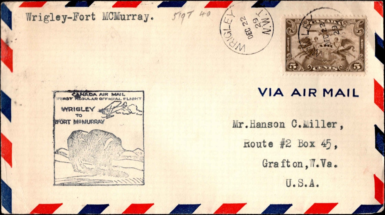 Canada 1929 Wrigley–Fort McMurray First Official Flight Airmail Cover