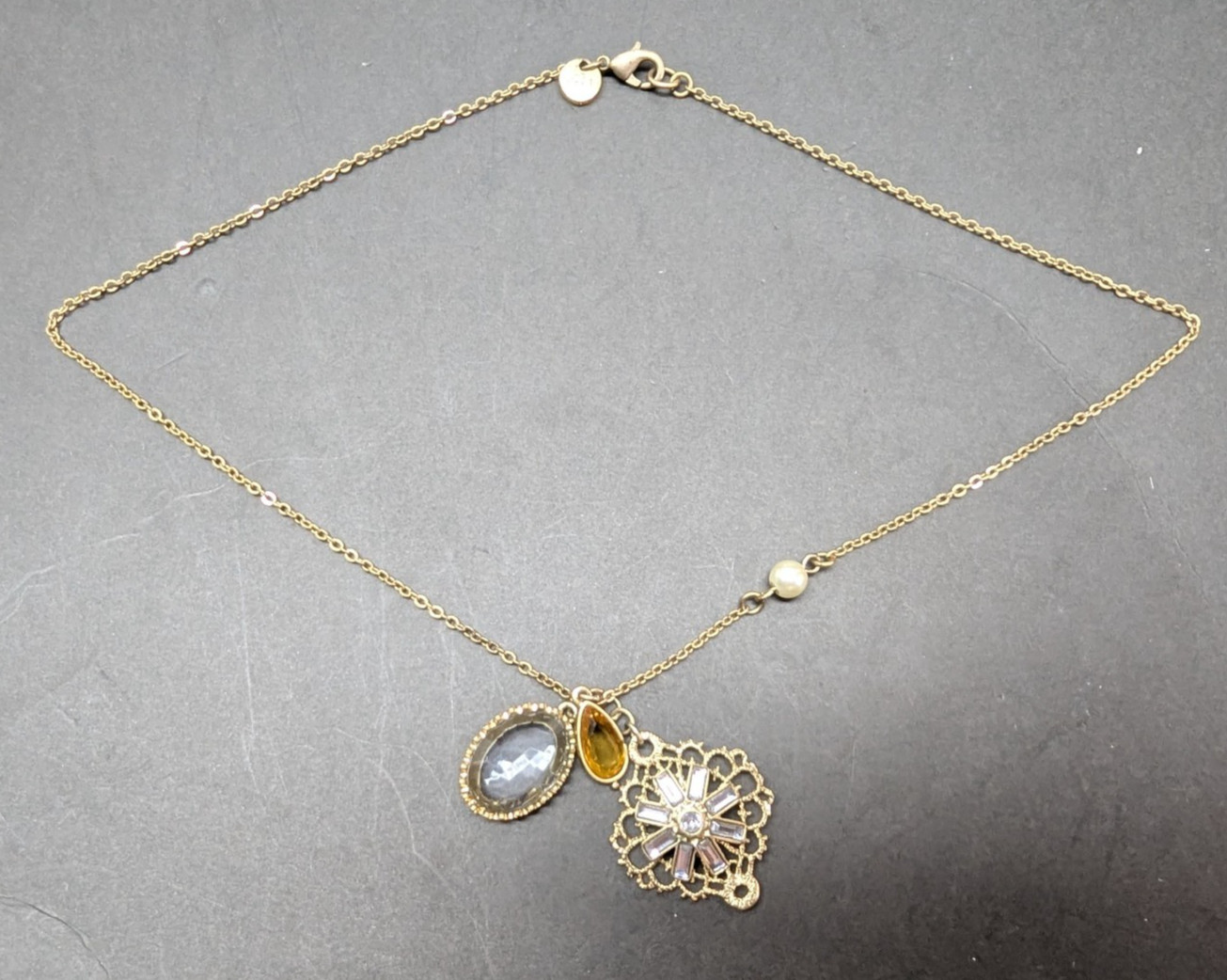 LOFT Gold Tone Necklace with 3 Pendants Large Glass Stone Oval Link Chain Signed