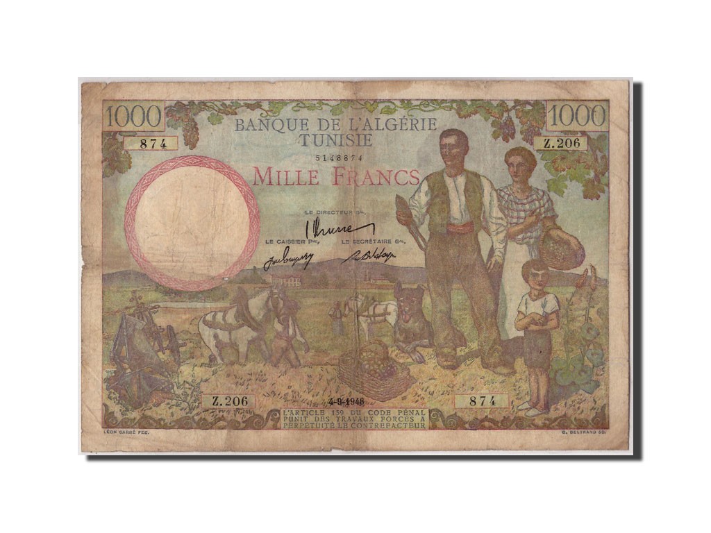 [#308293] Banknote, Tunisia, 1000 Francs, 1946, 1946-09-04, KM:26, VF