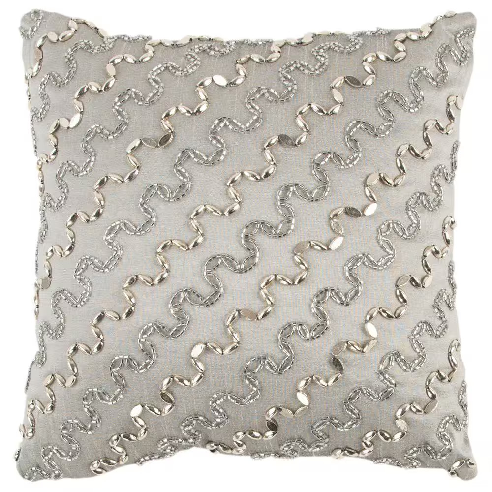 Silver Hand Beaded Cotton Poly Filled 12 In. X 12. Decorative Throw Pillow