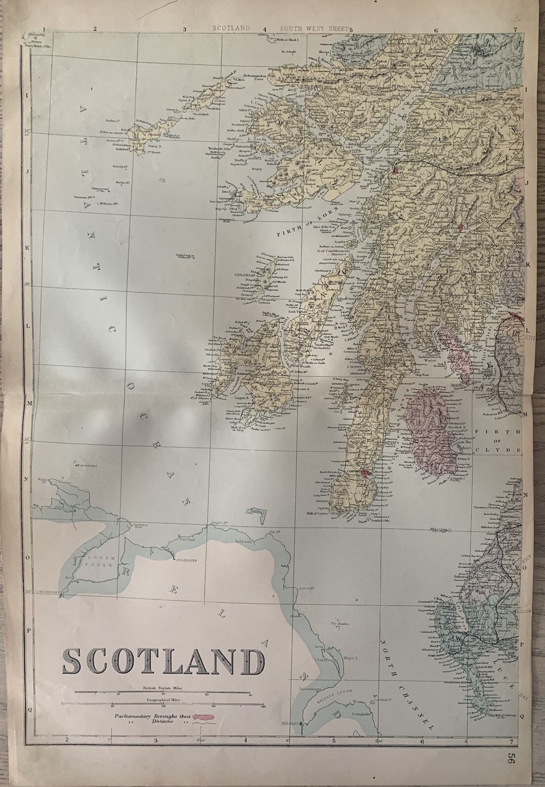 1883 Southwest Scotland Hand Coloured Original Antique County Map by G.W. Bacon