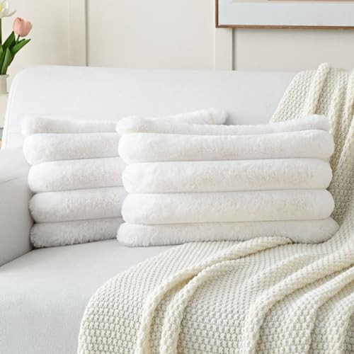  Faux Fur Throw Pillow Covers 12x20 Inch Set 20" x 12" (Pack of 2) Cream White