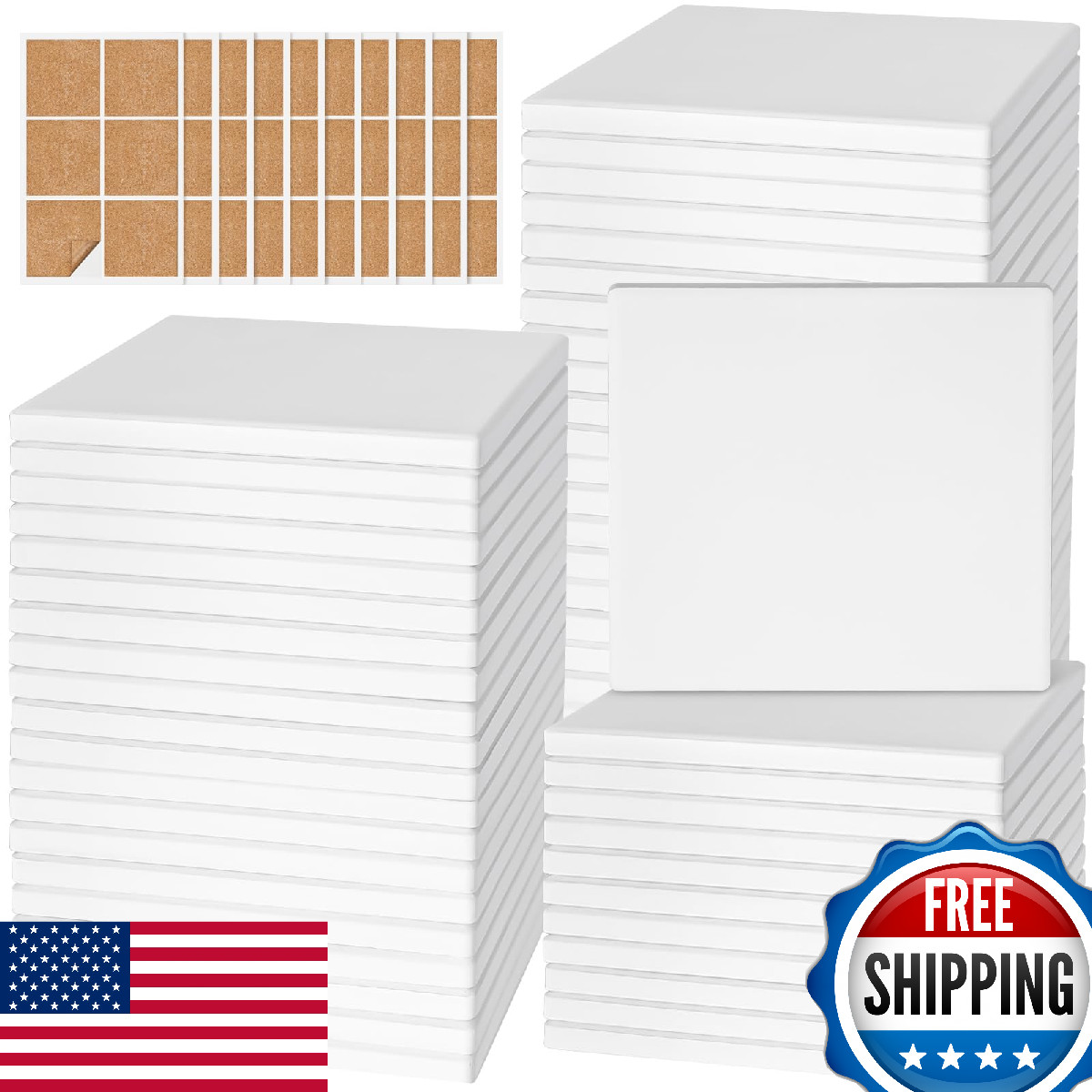 GOH DODD 60-Pack Blank Ceramic Tiles for Crafts & Coasters w/Cork Back