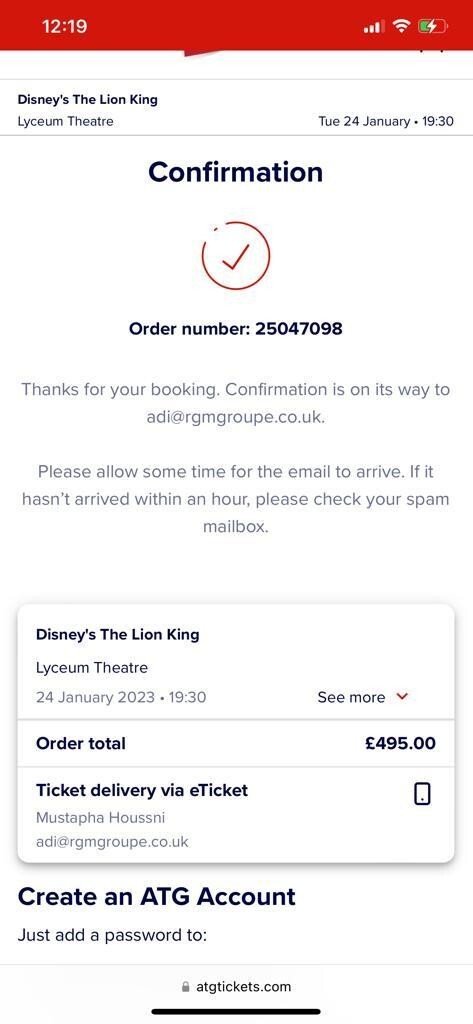 Lion King Tickets (Tuesday 24/01/2022) 7:30pm Royal Circle, Row F