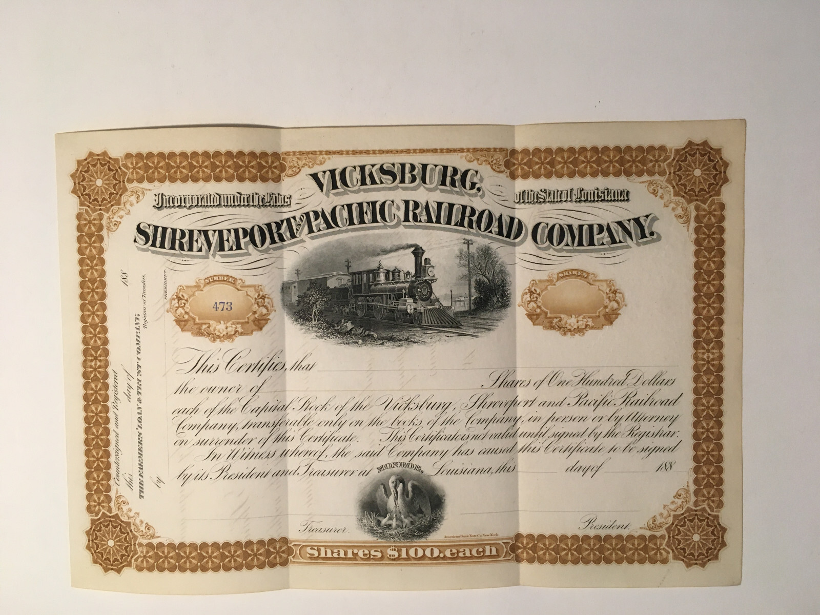 VICKSBURG SHREVEPORT PACIFIC  STOCK CERTIFICATE RAILROAD RAILWAY