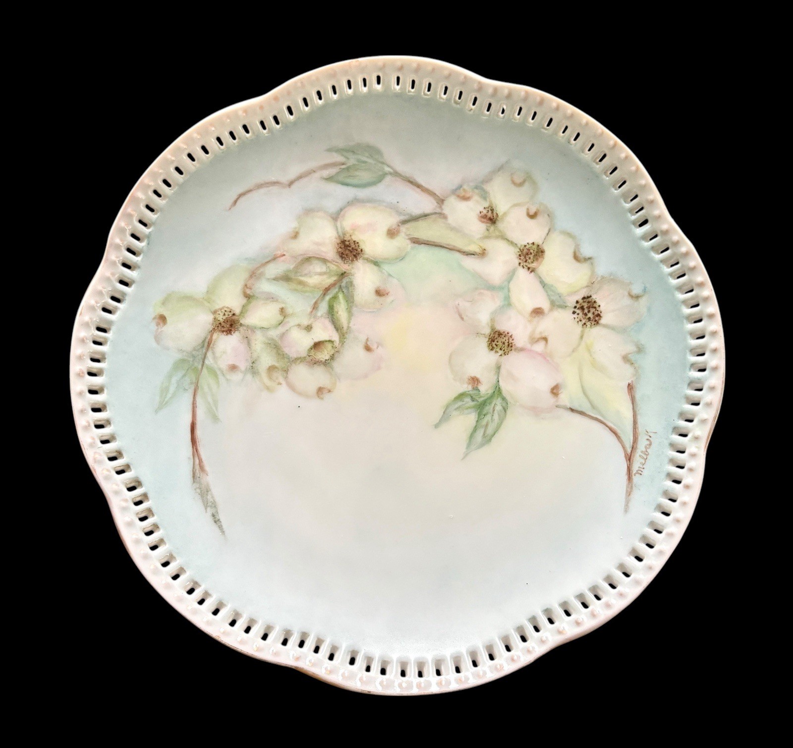 Vintage Hand Painted Reticulated Decorative 8” Wall Plate White Flowers Signed