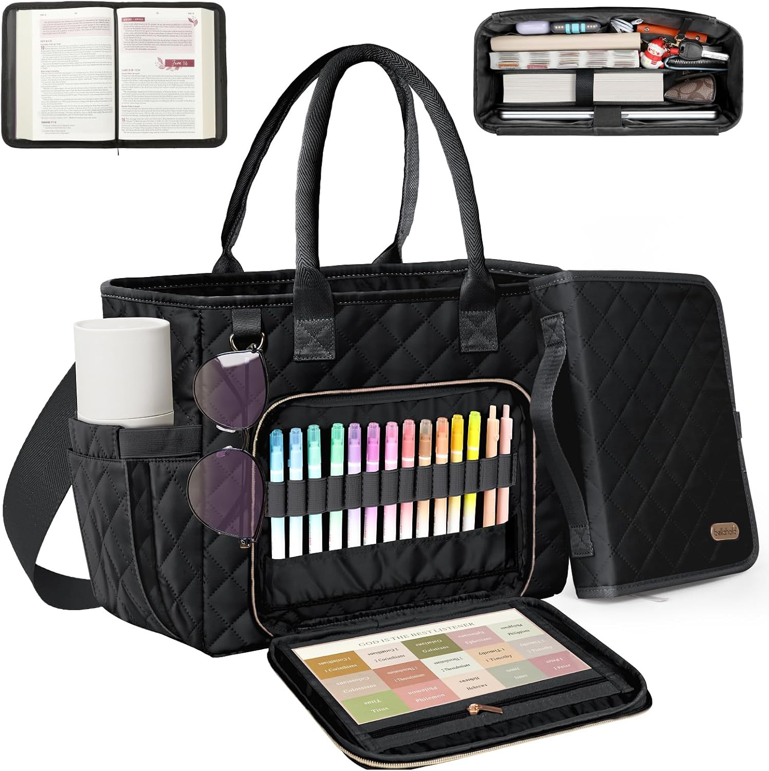 Elegant Quilted Bible Bag with Shoulder Strap for Women, Black