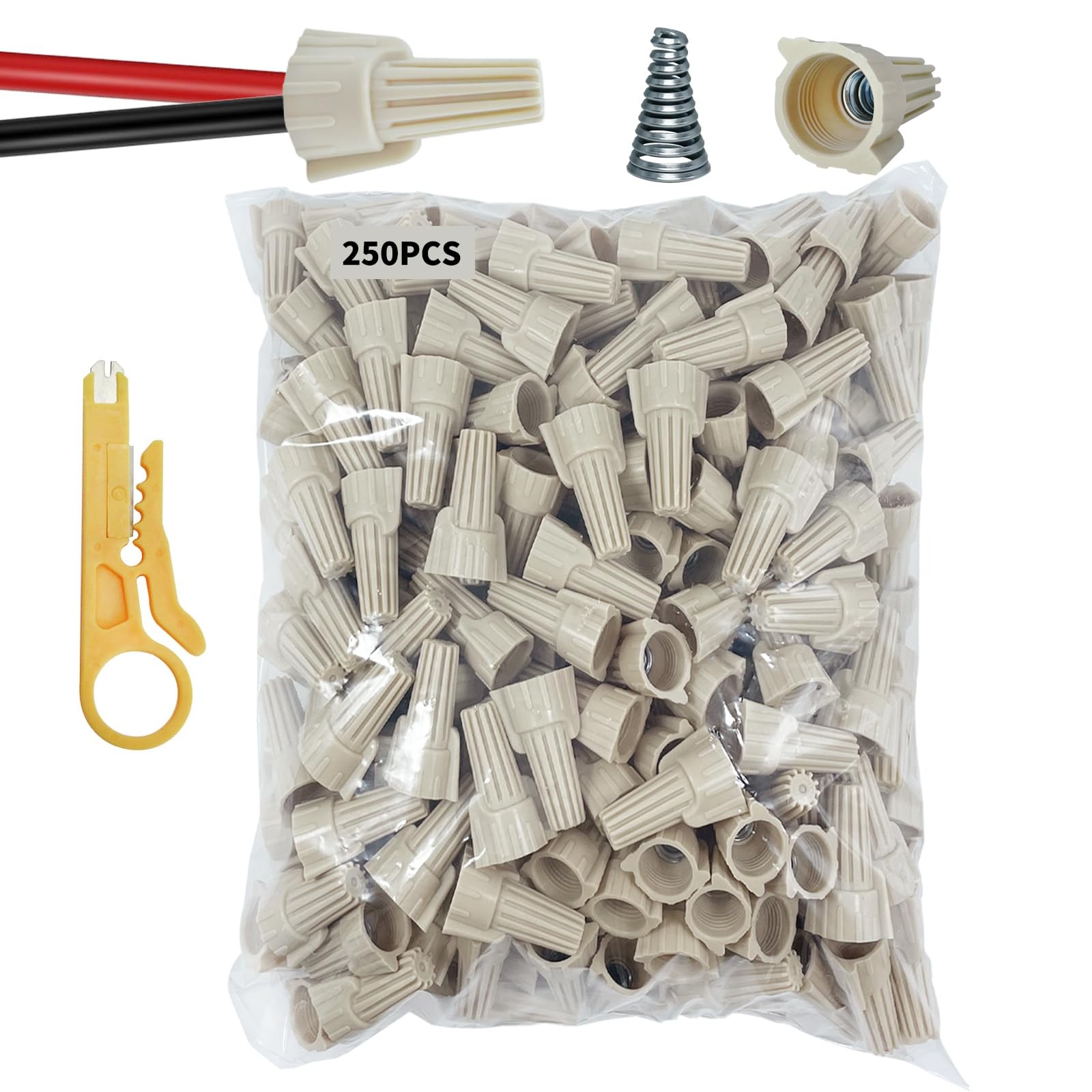Wire Nuts Connectors, 250PCS Twist Tan Wire Nuts 12 Gauge Winged Wire Connect...