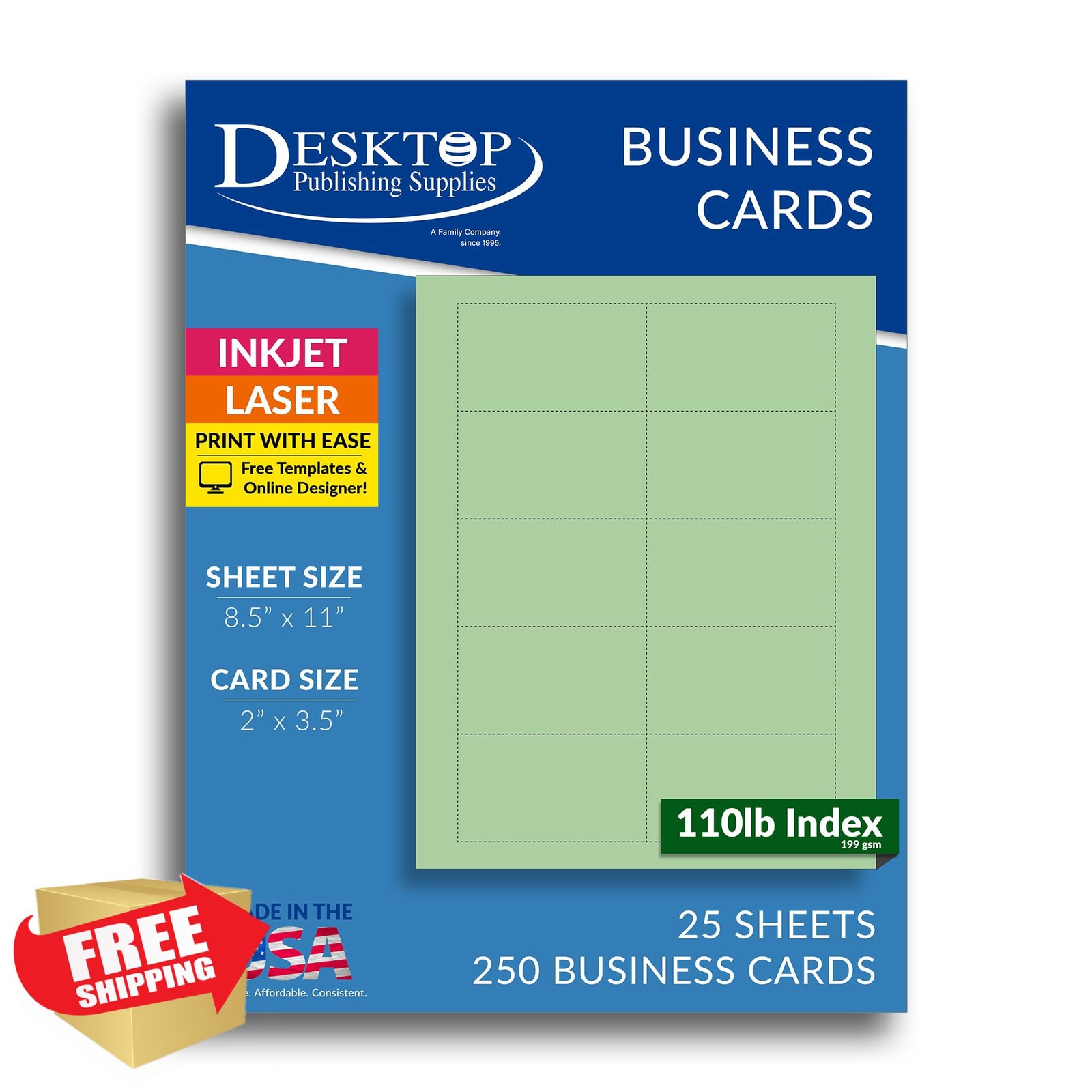 Colored Business Cards, Plain Green, 250 Sheets Inkjet Laser