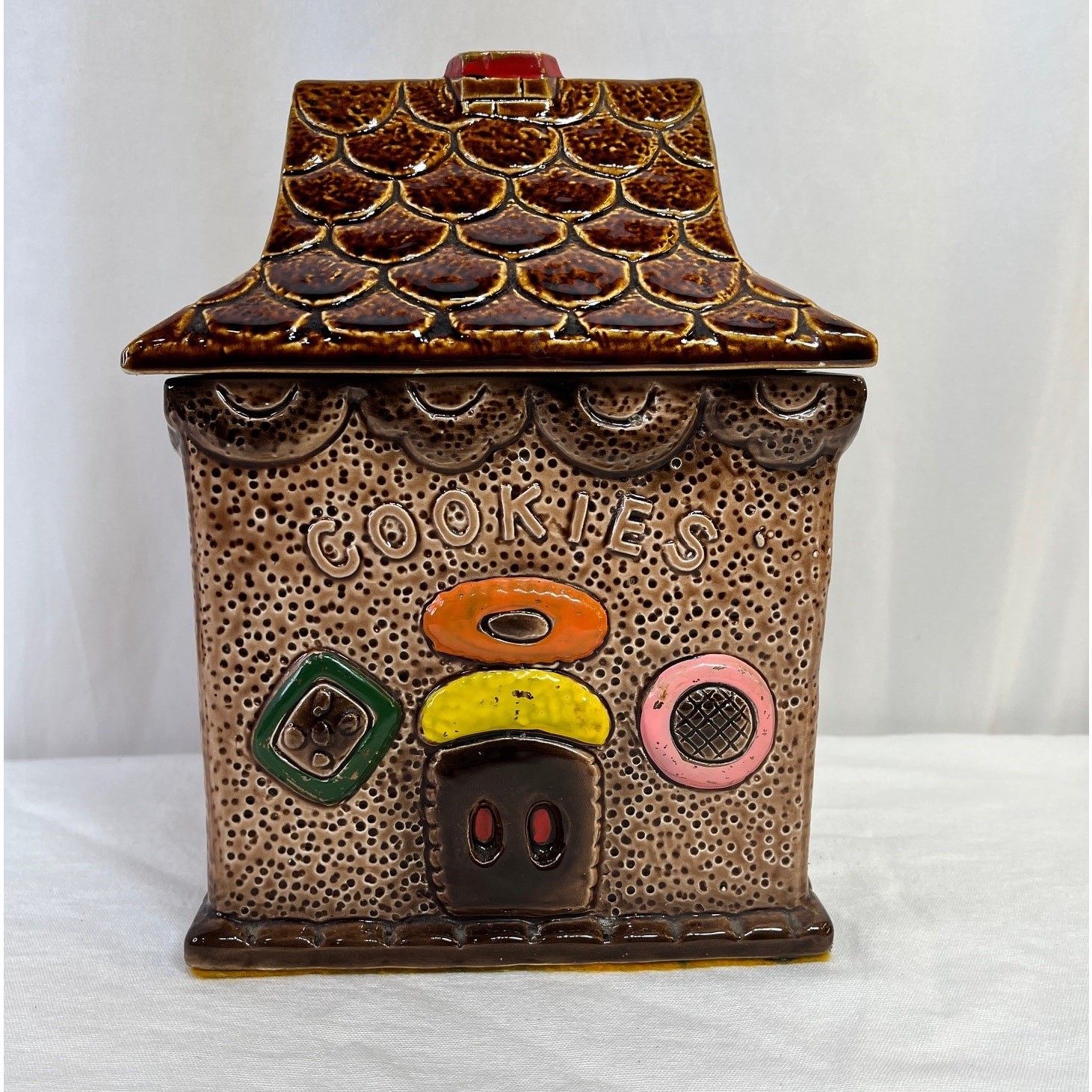 Gingerbread House Cookie Jar Vintage Ceramic Brown Cookie Details Japan