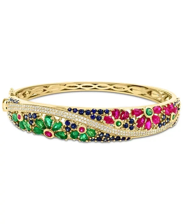 Emerald,Ruby,Sapphire,Diamond 14K Yellow Gold Over Flower Scape Bangle Bracelet