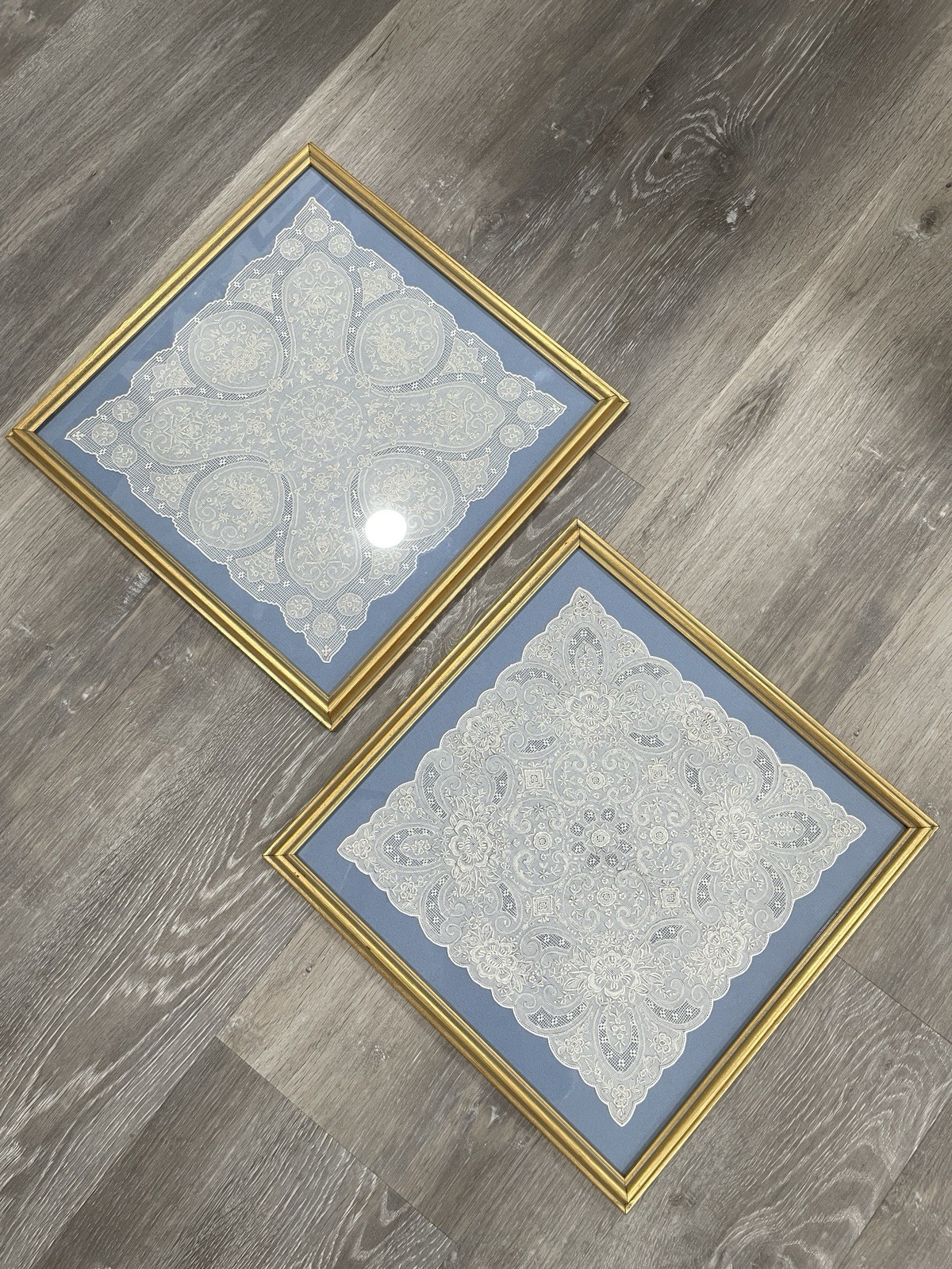 Vintage Framed Lace Wall Art Pair 14x14 Gold Ebneter & Biel