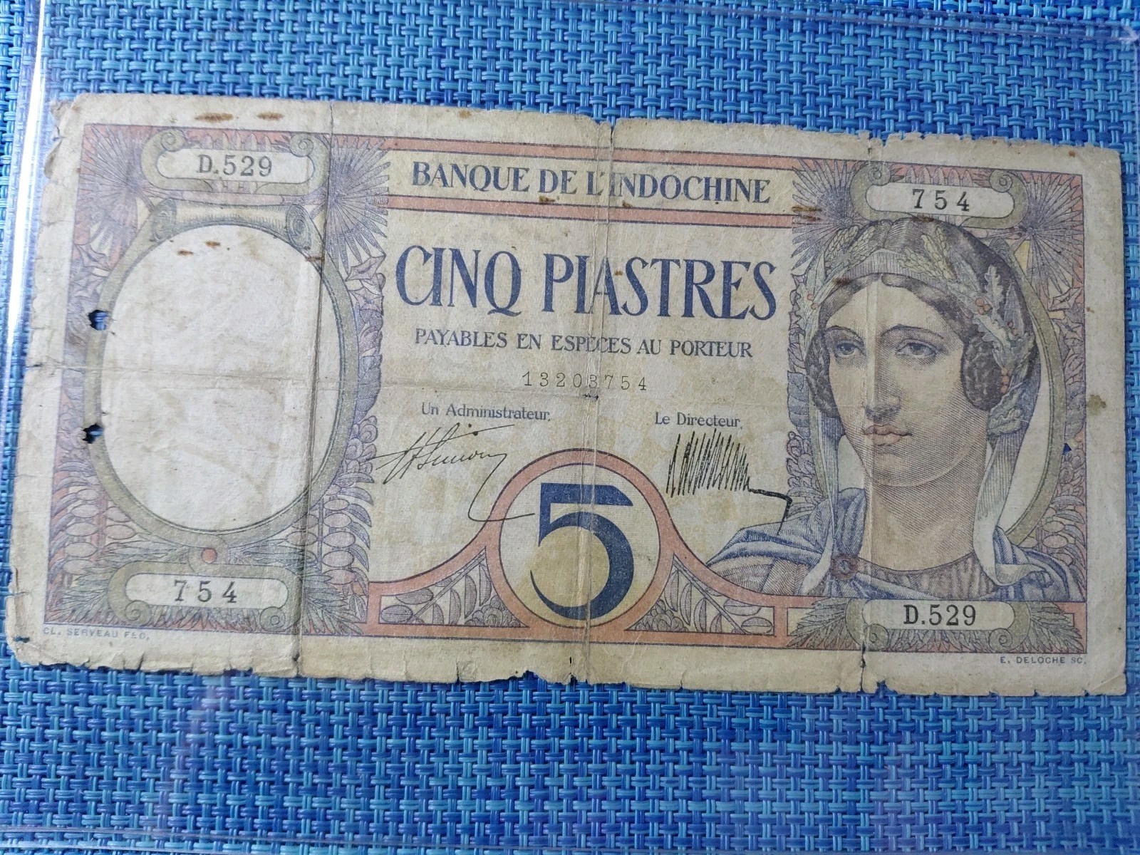 🌏 French Indochina  5 piastres 1931 P-49b  Banknotes 030626-28