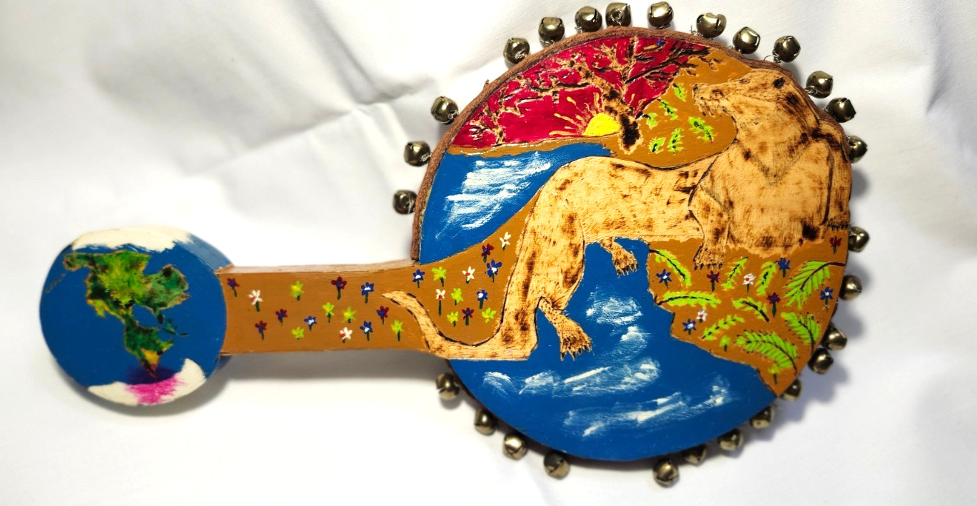 Hand Painted Wooden Tambourine Folk Art | Tree of Life & World Map | Handmade Ji