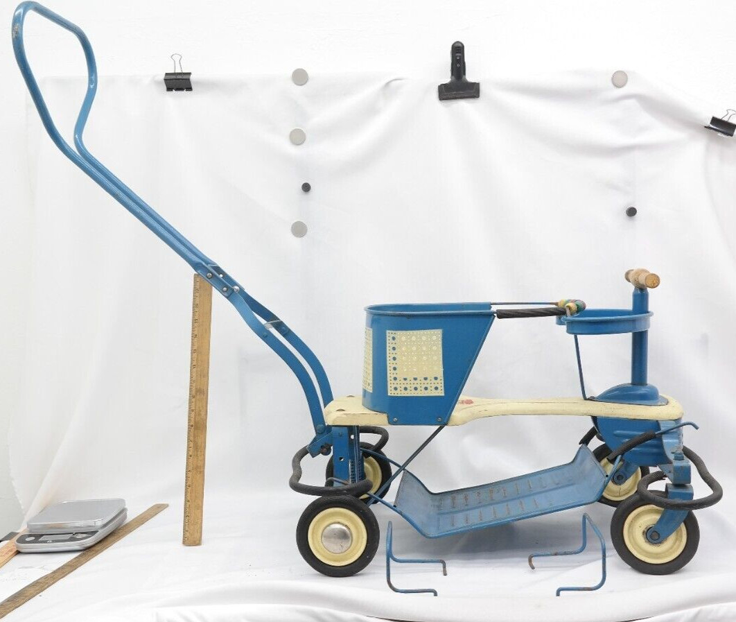 Vintage Taylor Tot Metal and Wood Baby Stroller Walker Blue & White   RW