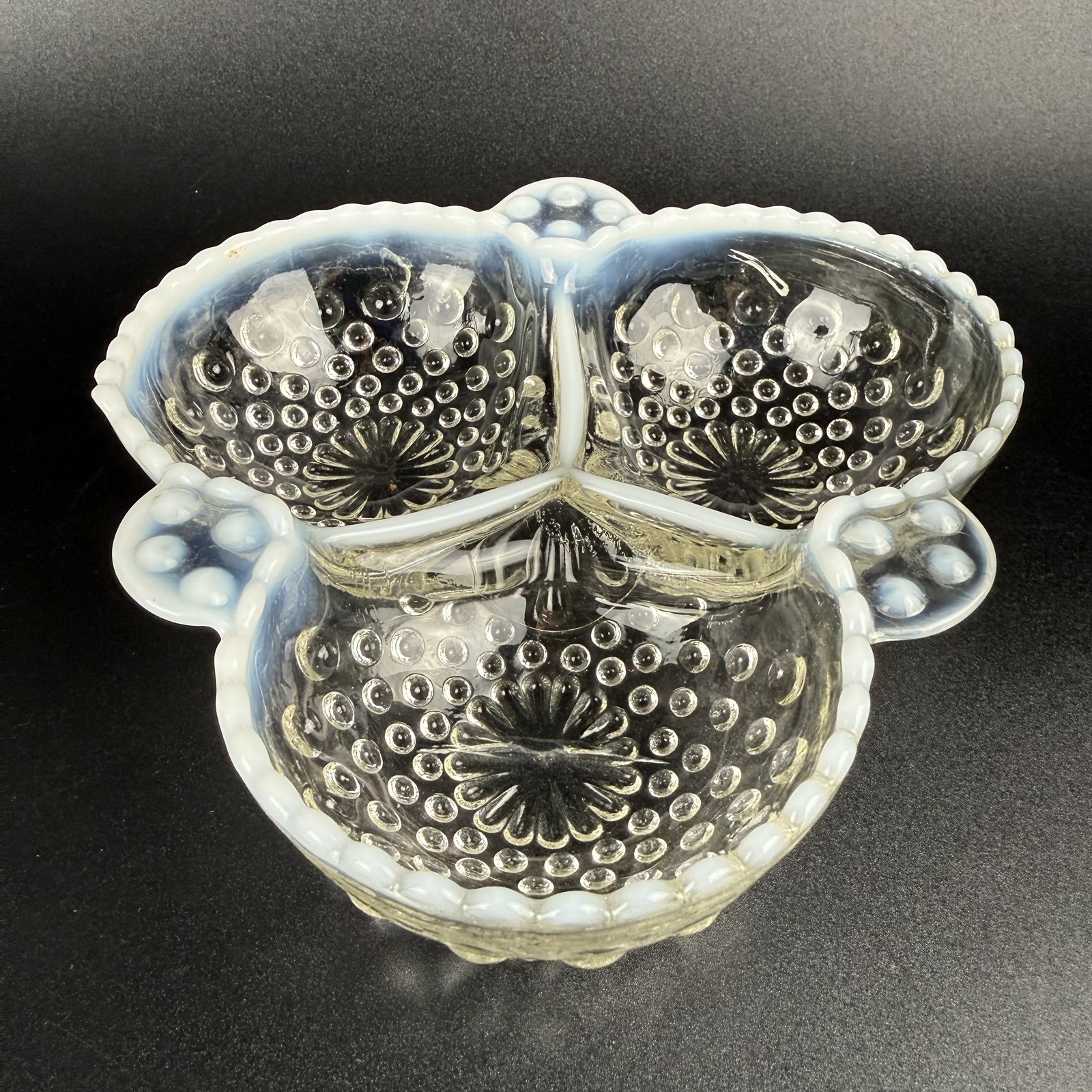 Vintage Fenton White Opalescent Hobnail 3-Part Divided Candy Relish Dish Bowl