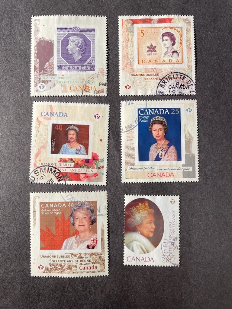 Stamps Canada used QE11 60th anniversary set of 6 single stamps from panes of 4