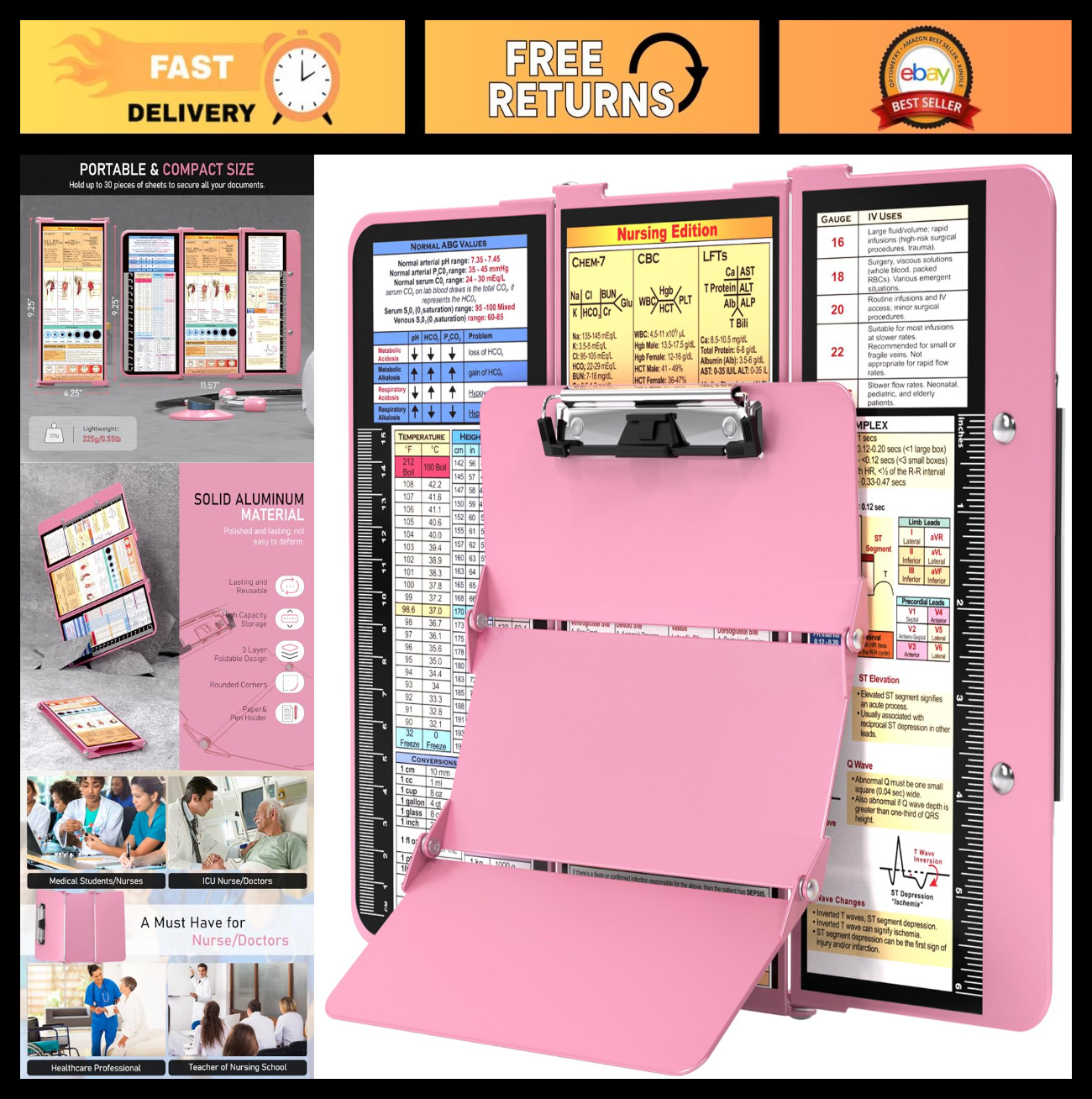 Foldable Nursing Clipboard with Cheat Charts, 3-Layer Aluminum, Low Profile Clip