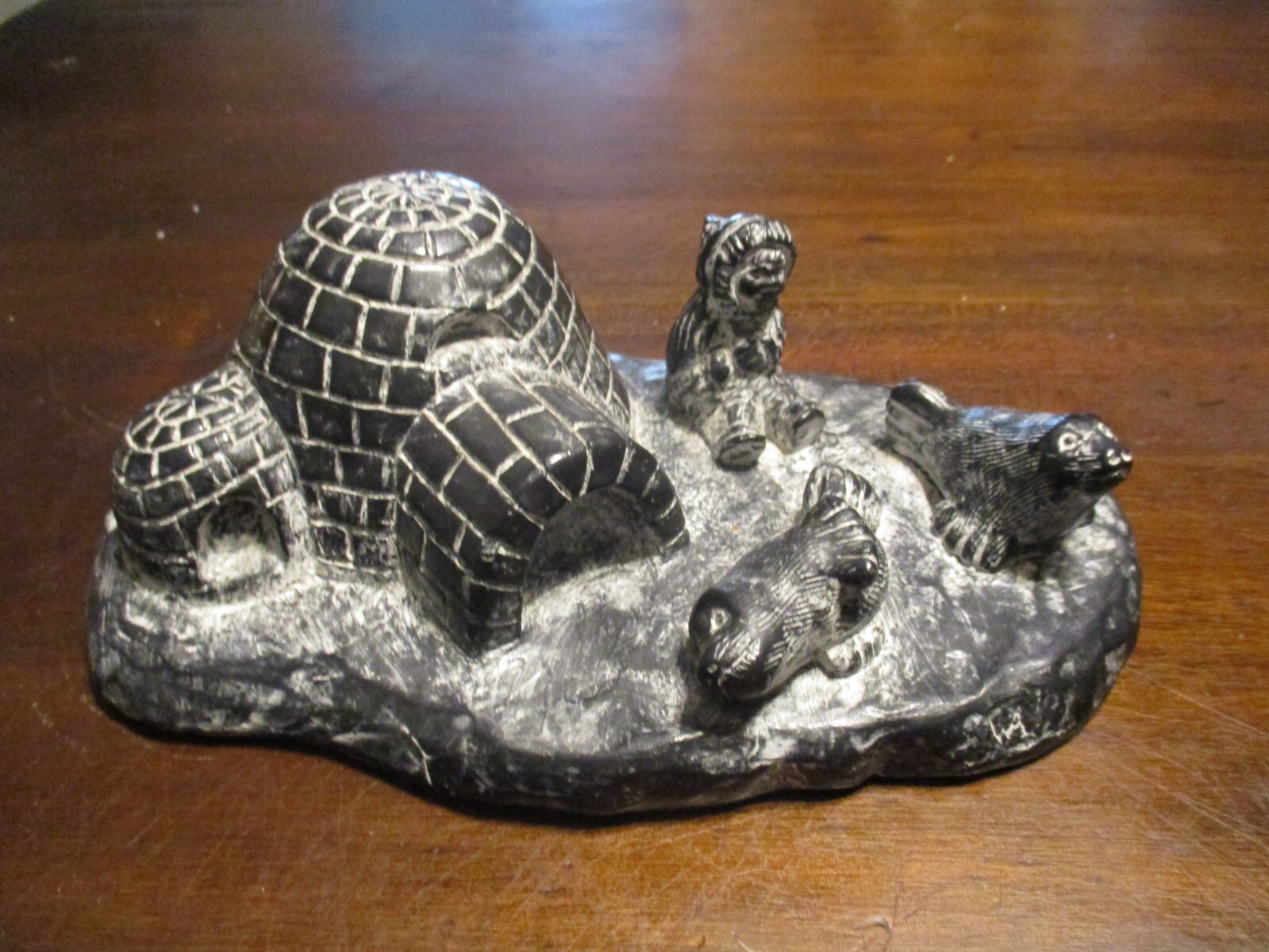 Al Wolf original carved Stone sculpture Inuit Canada Eskimo Igloo Seals figure