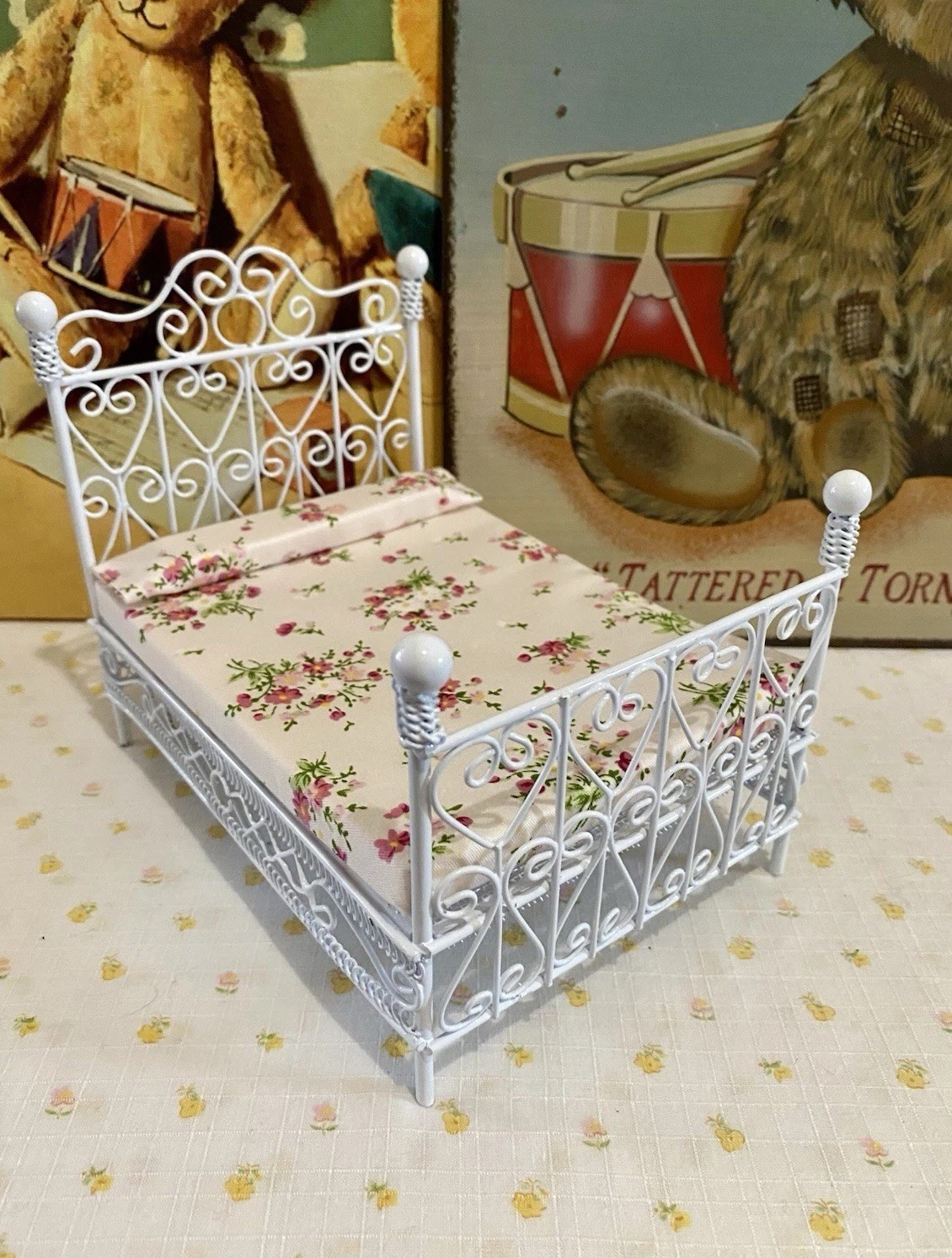 DOUBLE BED and MATTRESS for Dollhouse Doll 1:12 Vintage Cottage Wire Style