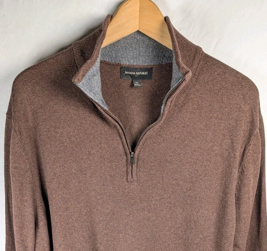 Banana Republic Brown Quarter Zip Men's Sweater Cotton Silk Cashmere Size XL 