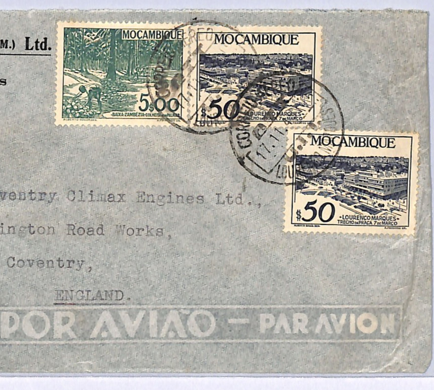 MOZAMBIQUE Air Mail Cover Lourenco Marques 1949?  Portugal Cols Coventry WB219