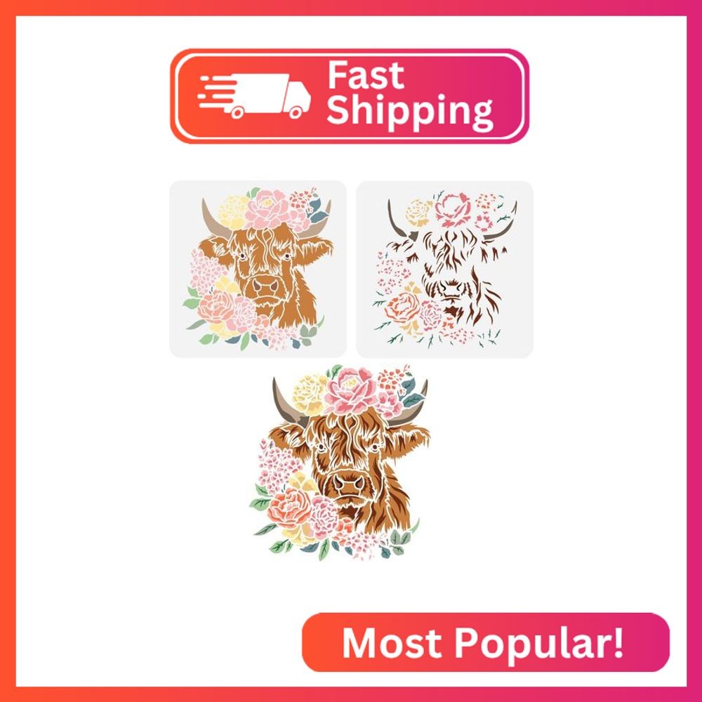 FINGERINSPIRE 2pcs Layered Floral Cow Painting Stencil 11.8x11.8 inch Reusable P